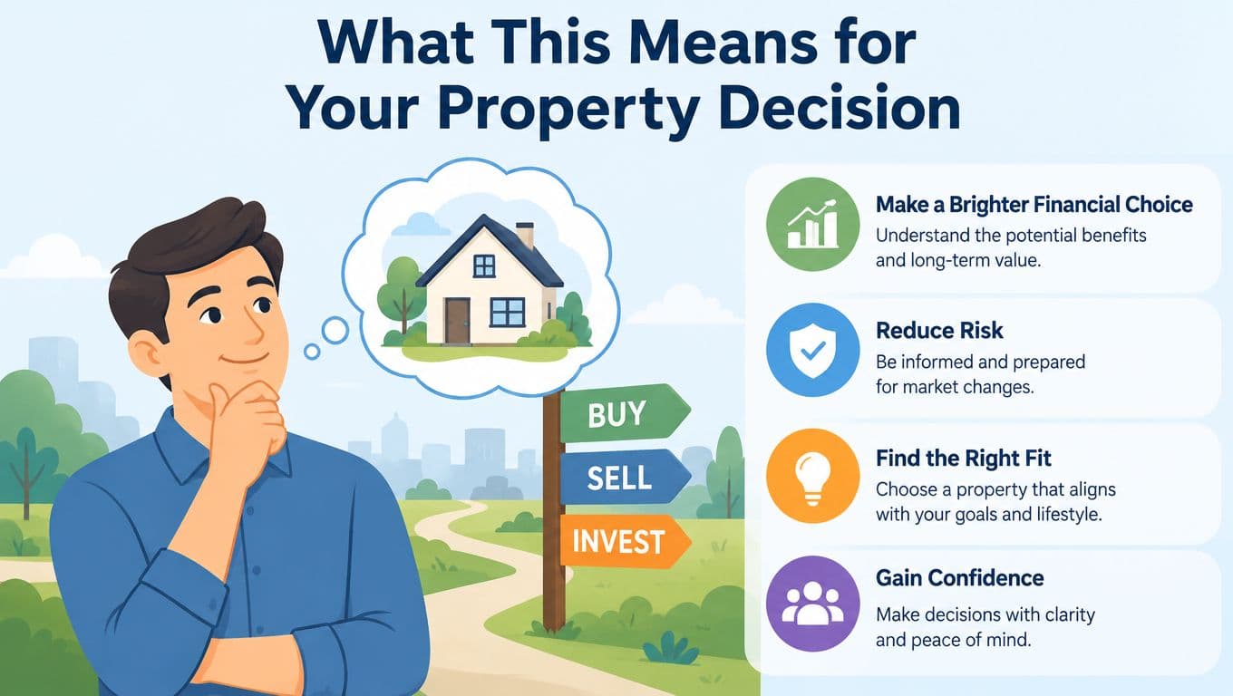 An illustration of a man contemplating buying, selling, or investing in property to make informed decisions.