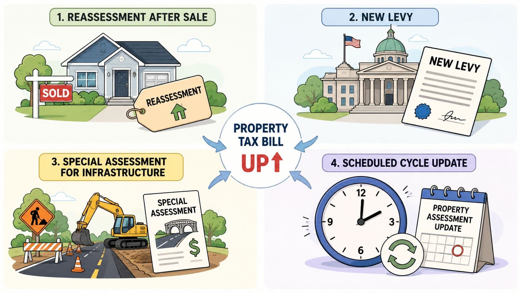 An infographic illustrating four common reasons why a property tax bill may increase over time.