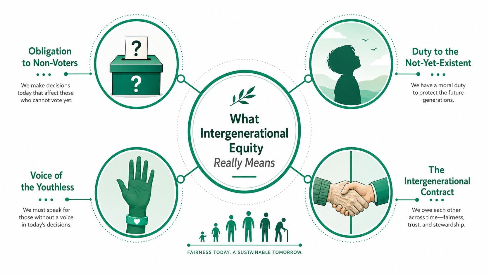 A diagram illustrating the concept of intergenerational equity through four key principles involving future generations and fairness.