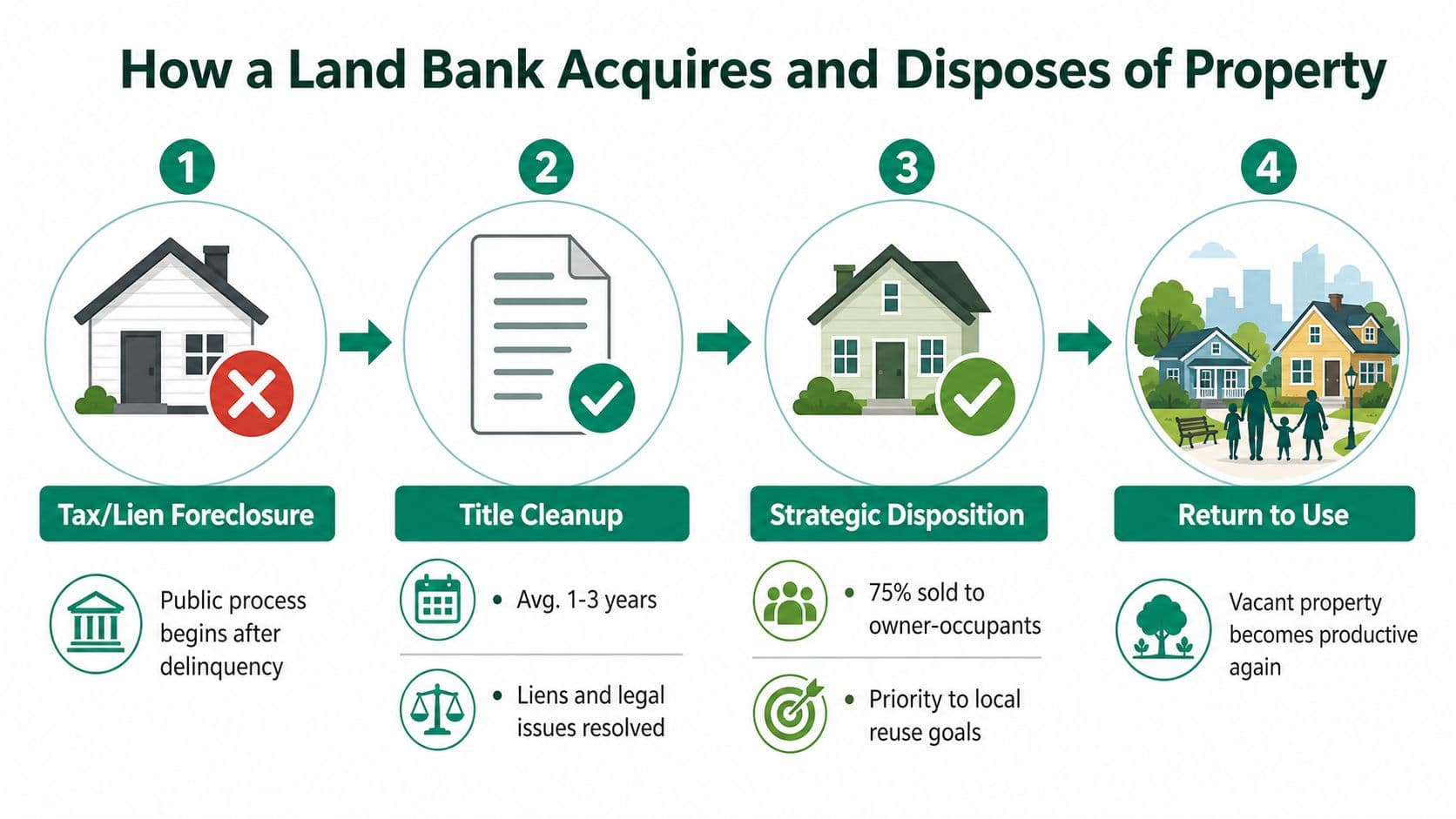 An infographic illustrating the four-step process of a land bank acquiring and disposing of property.