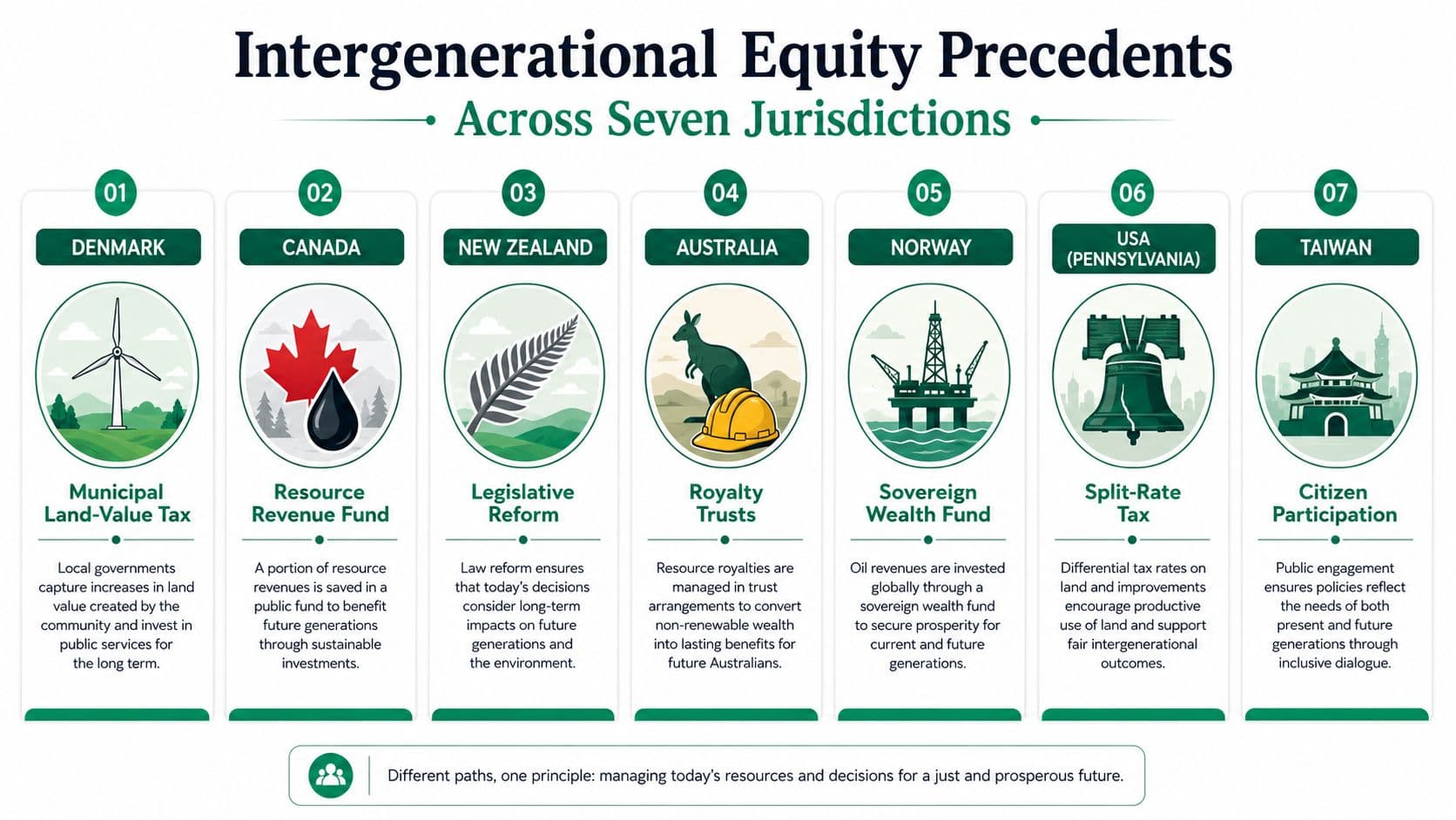 An infographic titled Intergenerational Equity Precedents showing seven different global examples of sustainable policies and resource management.