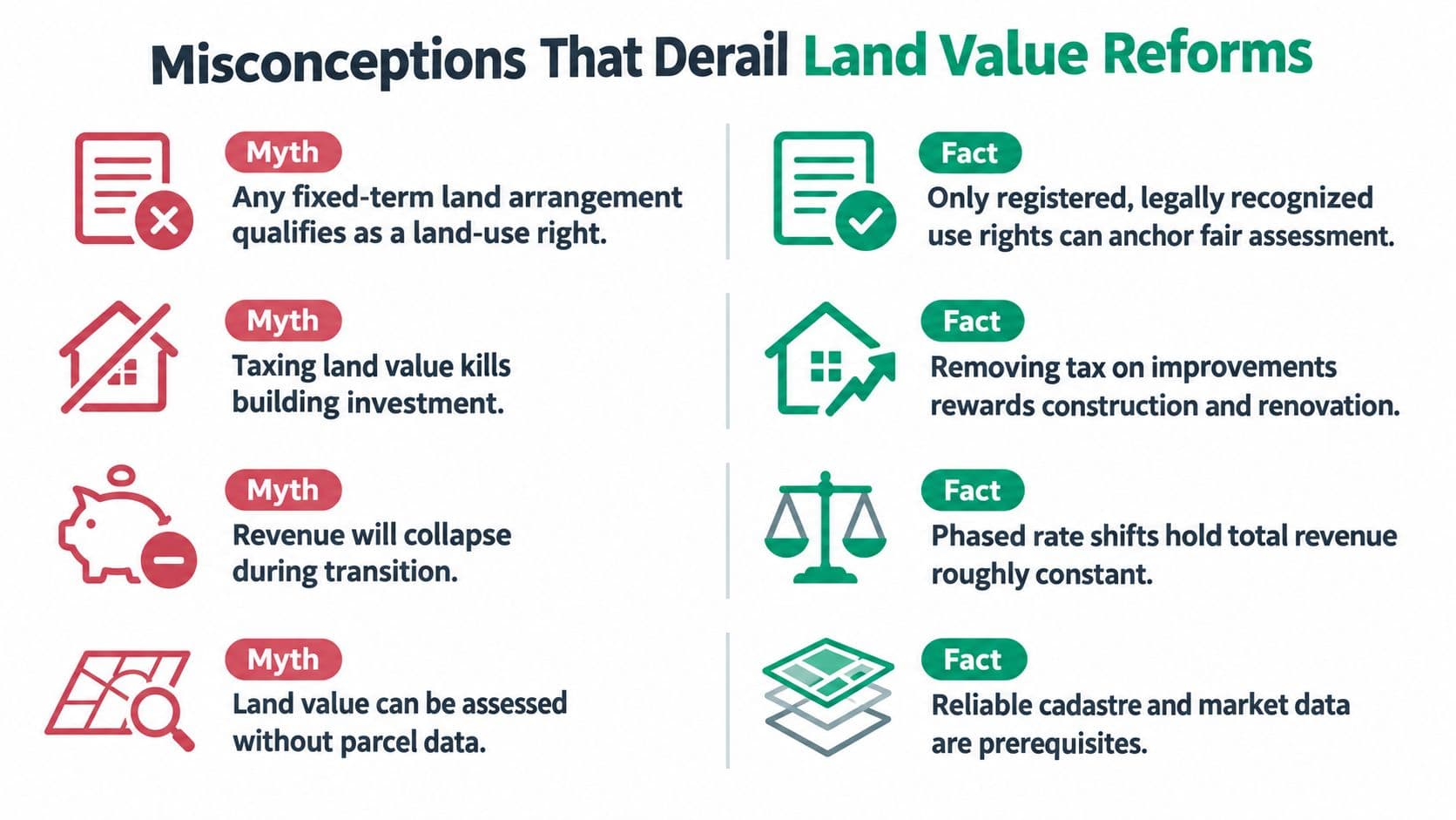 A table contrasting common myths and facts about implementing land value tax reforms for urban development.
