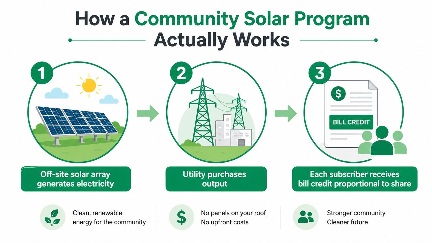 A three-step infographic showing how a community solar program generates energy and provides customer bill credits.