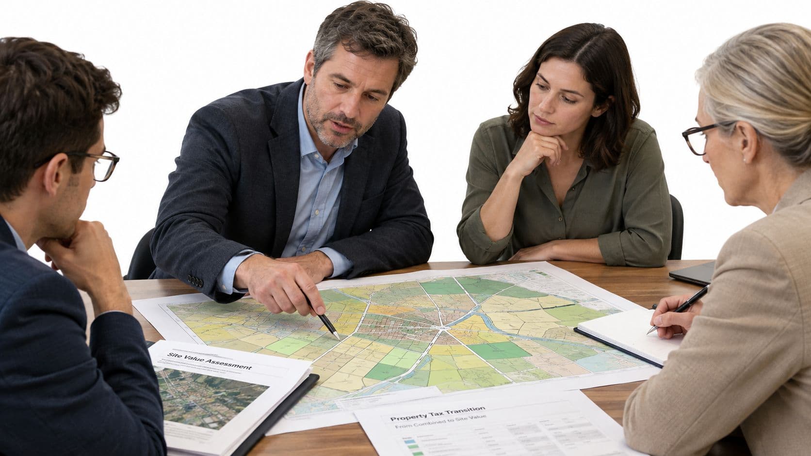 A professional team reviewing city maps and property tax documents during a collaborative business planning meeting.