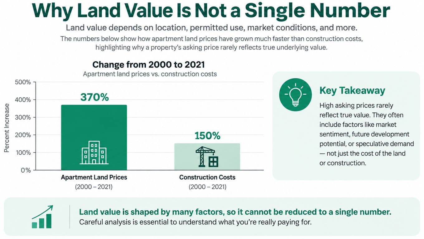 A bar chart comparing the 370% increase in apartment land prices against the 150% rise in construction costs.