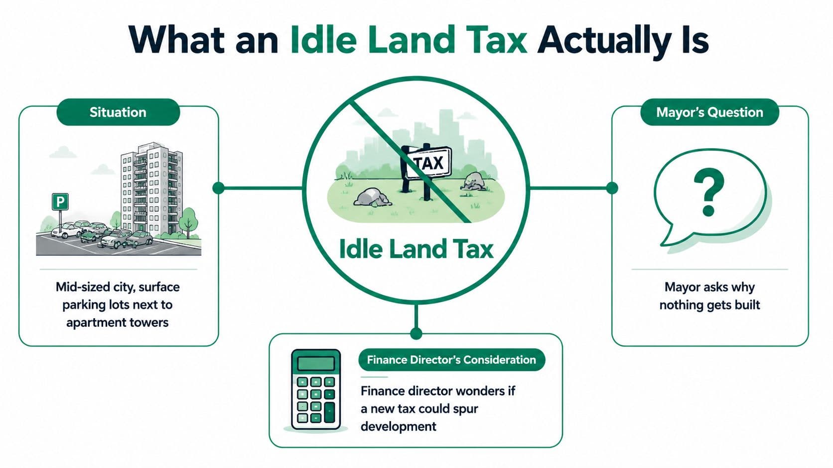 An infographic titled What an Idle Land Tax Actually Is, illustrating urban parking lots and development considerations.