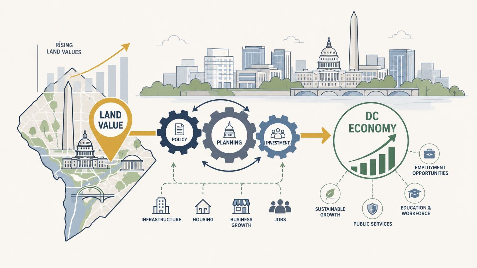 An infographic illustrating how land value, policy, planning, and investment contribute to the District of Columbia economy.