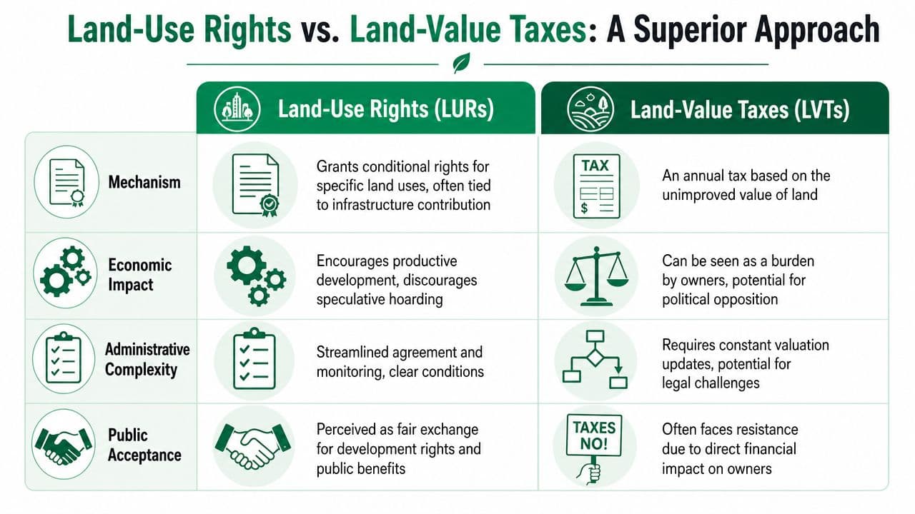 A comparison chart outlining the differences between Land-Use Rights and Land-Value Taxes regarding policy mechanisms.