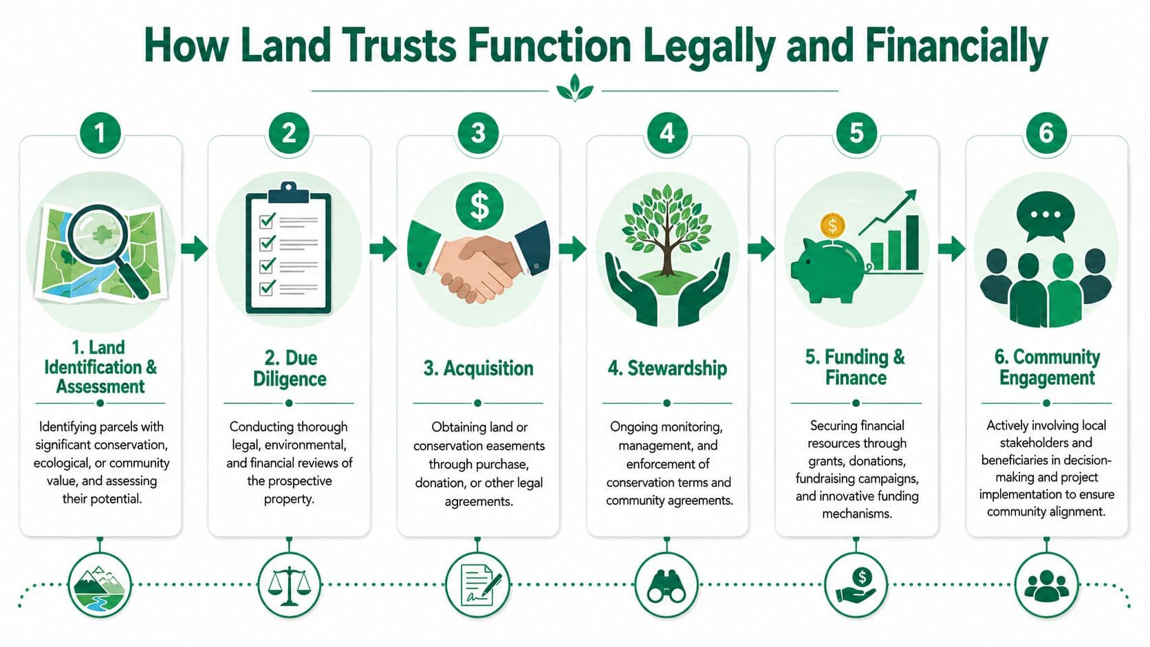 A step-by-step infographic illustrating the six-part legal and financial process of how land trusts function.