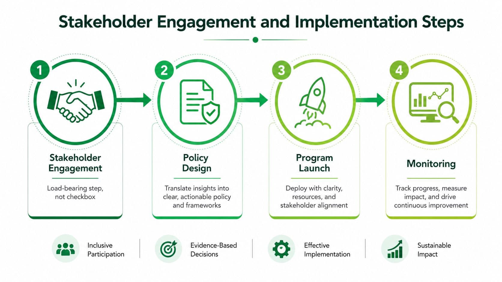 A four-step infographic illustrating the community solar program implementation process from stakeholder engagement to continuous monitoring.
