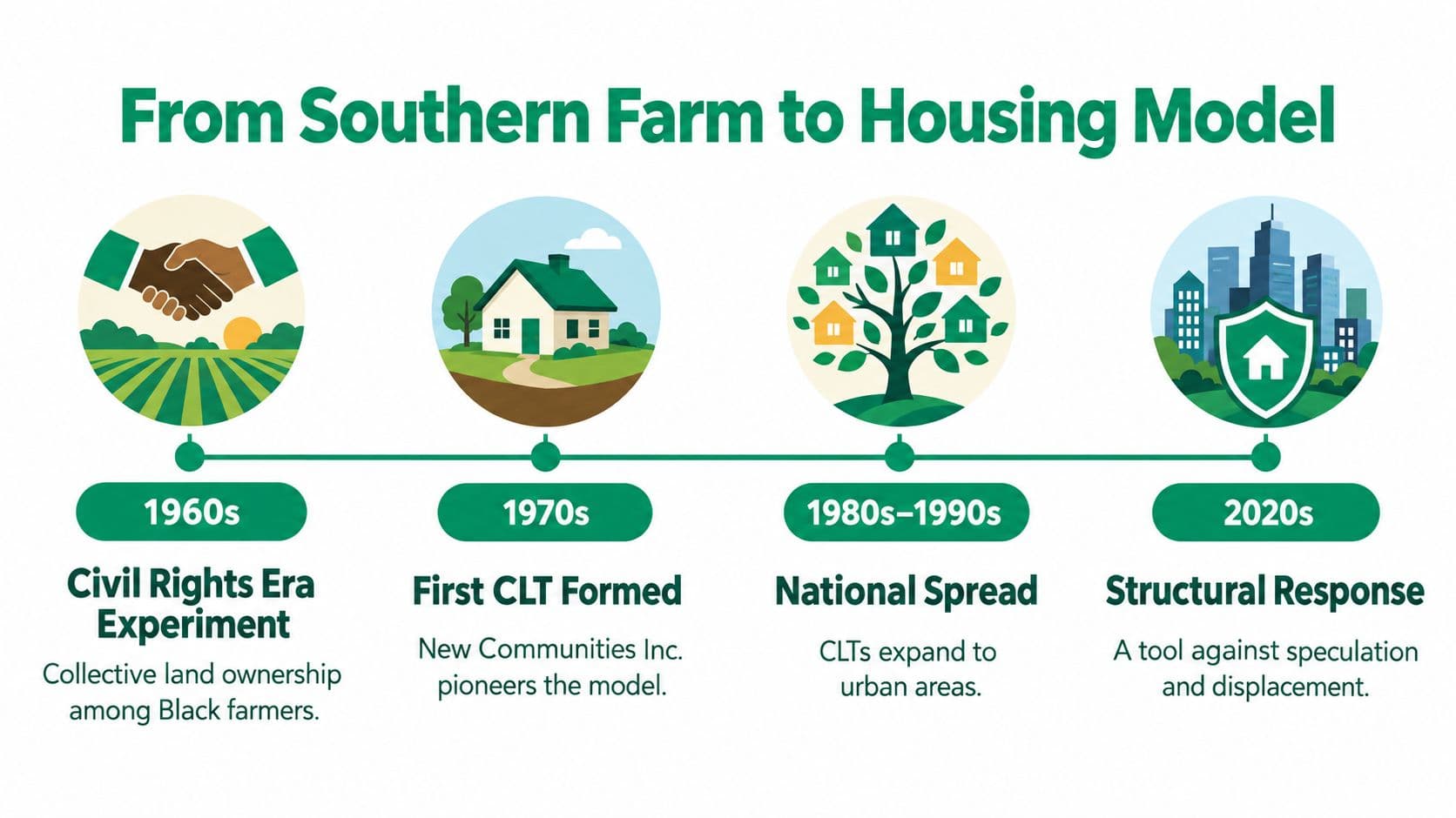 A timeline graphic showing the history of Community Land Trusts from 1960s civil rights to 2020s urban housing.