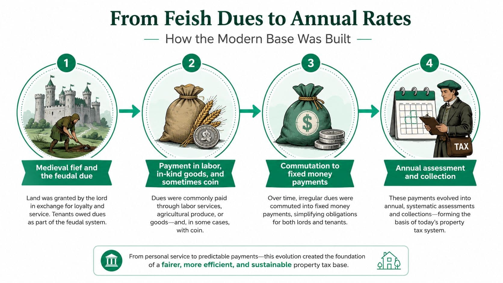 An infographic showing the historical evolution of property taxation from medieval feudal dues to modern annual tax assessments.