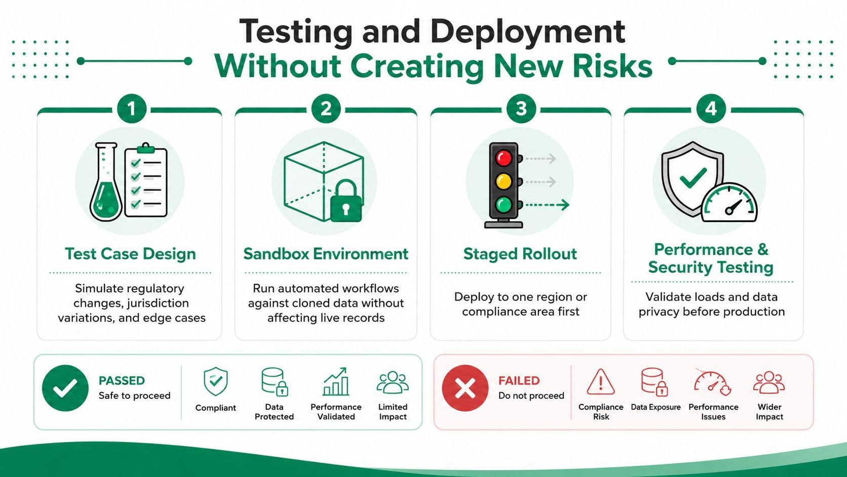 An infographic showing a four-step process for safe testing and deployment to ensure compliance and avoid data risks.