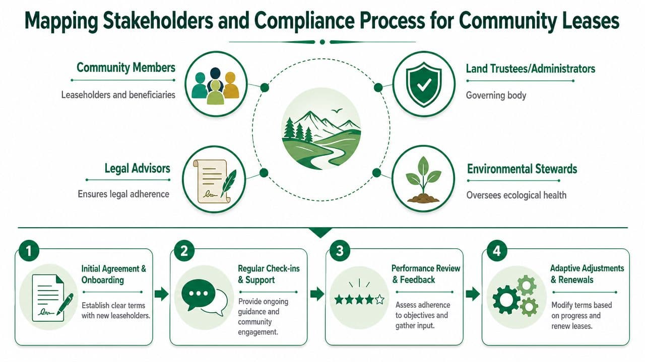 A diagram mapping stakeholders and the four-step compliance process for community land leases including community members and trustees.
