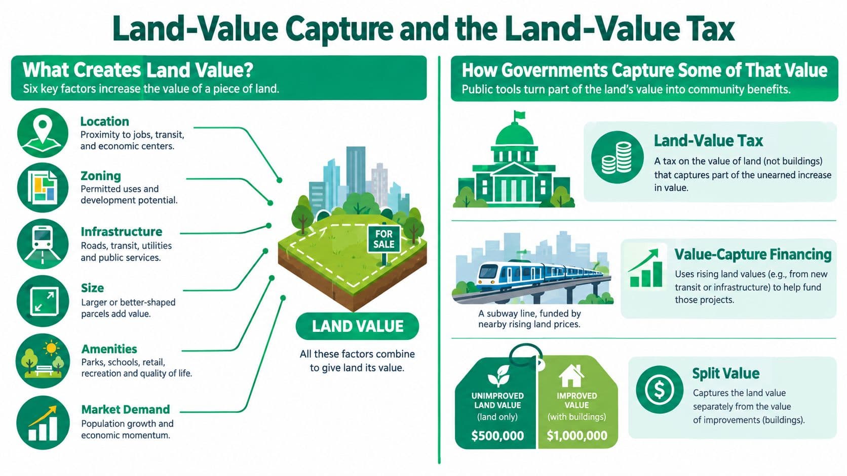 An infographic explaining land-value capture, the factors increasing land value, and government methods for taxing those increases.