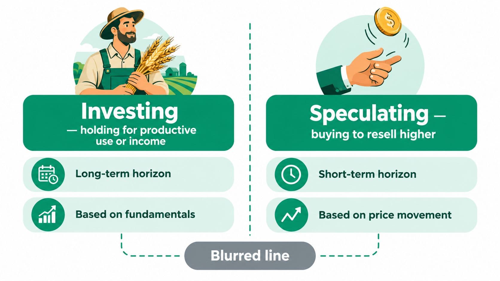 A comparison chart showing the differences and the blurred line between investing and speculating.