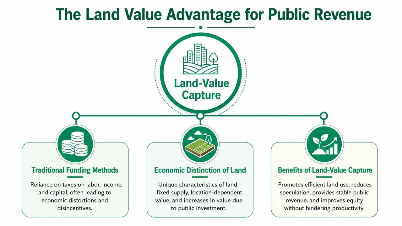 An infographic diagram explaining the economic advantages of land-value capture for public infrastructure funding and revenue.