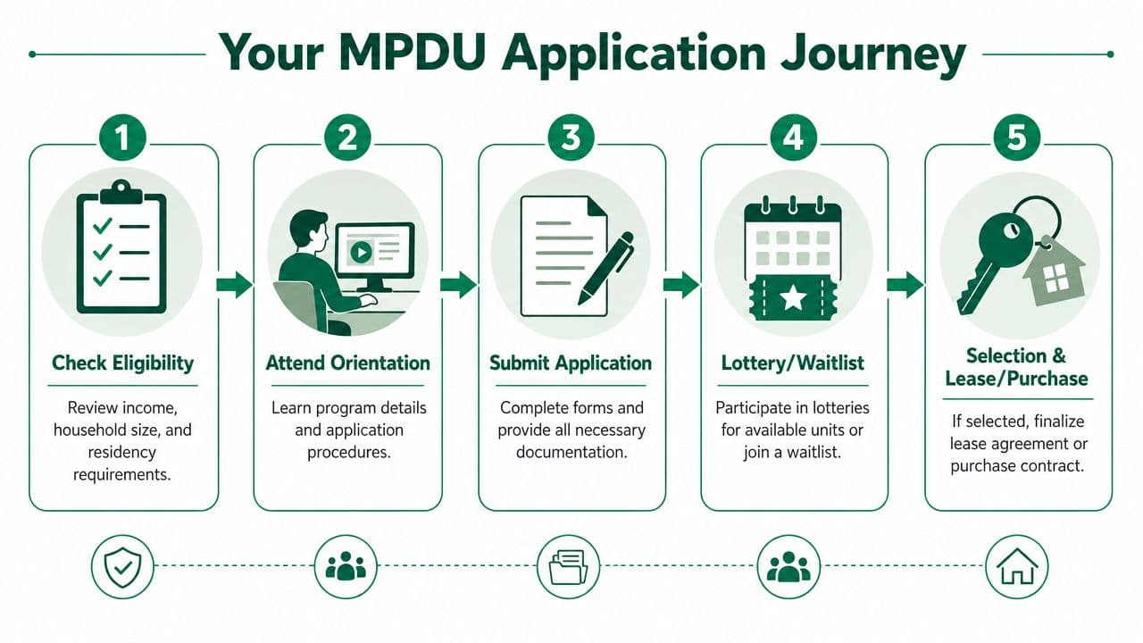 An infographic showing the five steps of the Montgomery County MPDU housing application process from eligibility to move-in.