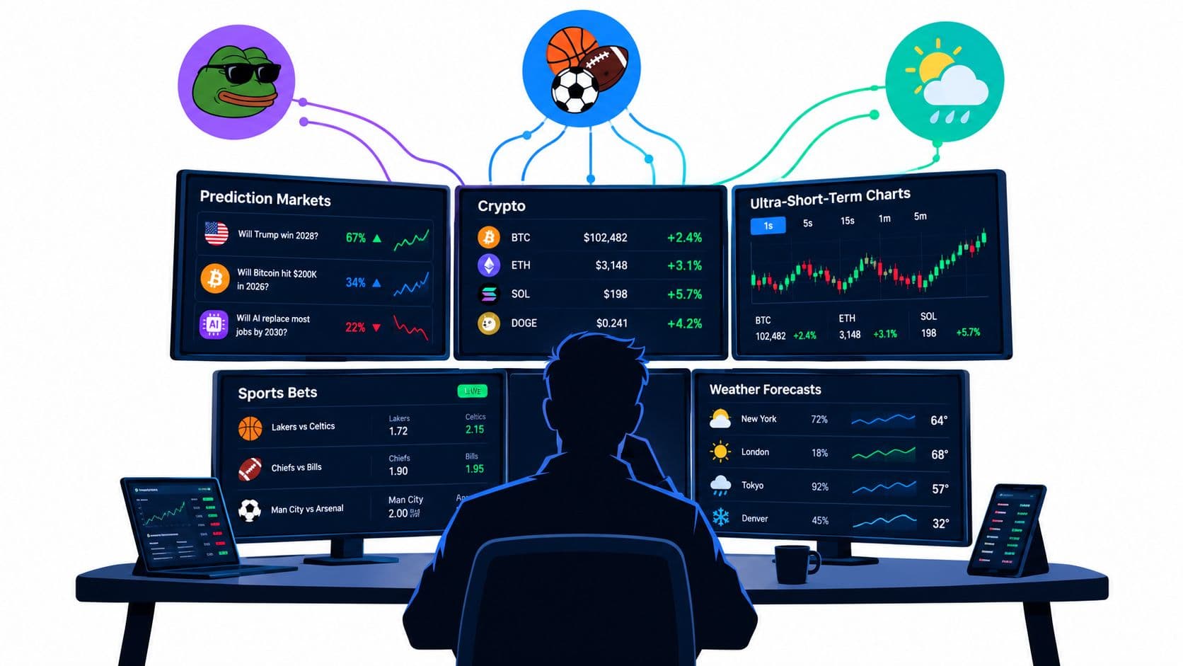 A person sitting at a desk with multiple monitors displaying market speculation data, sports bets, and weather.