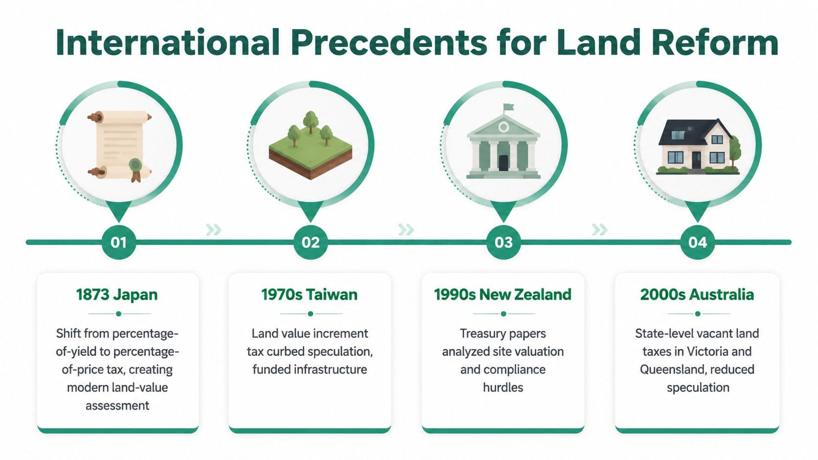 A timeline graphic showing four international historical examples of land reform policies in Japan, Taiwan, New Zealand, and Australia.