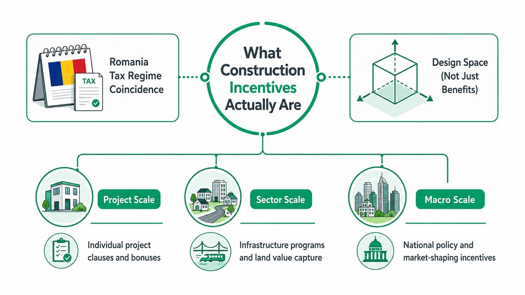 A diagram illustrating construction incentives categorized into project, sector, and macro scales for urban development.