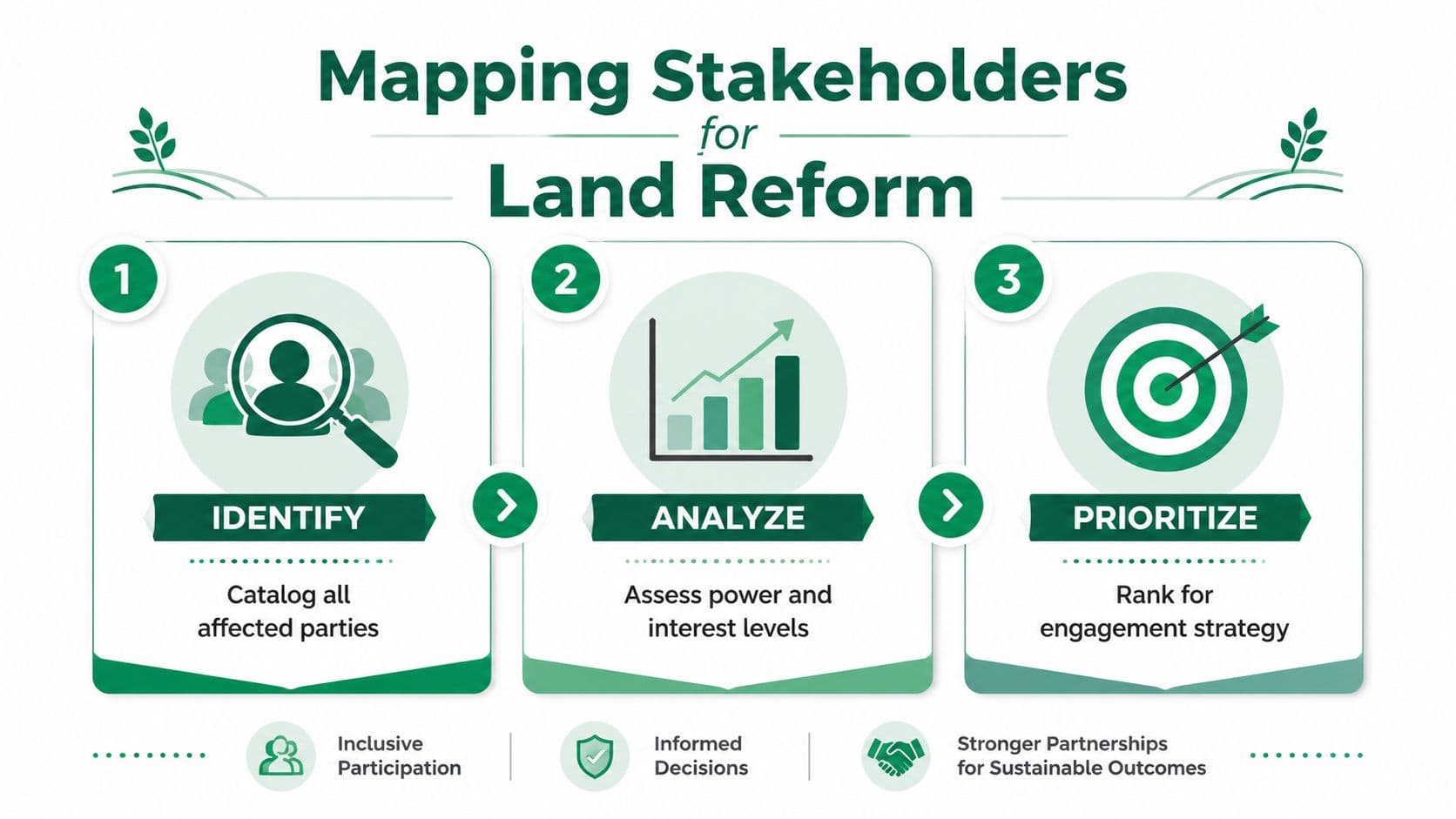 A three-step infographic on mapping stakeholders for land reform: identify, analyze, and prioritize for sustainable outcomes.