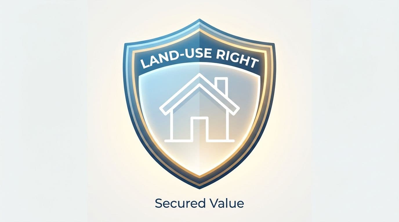 A metallic shield graphic with the text Land-Use Right above a house icon and Secured Value below.