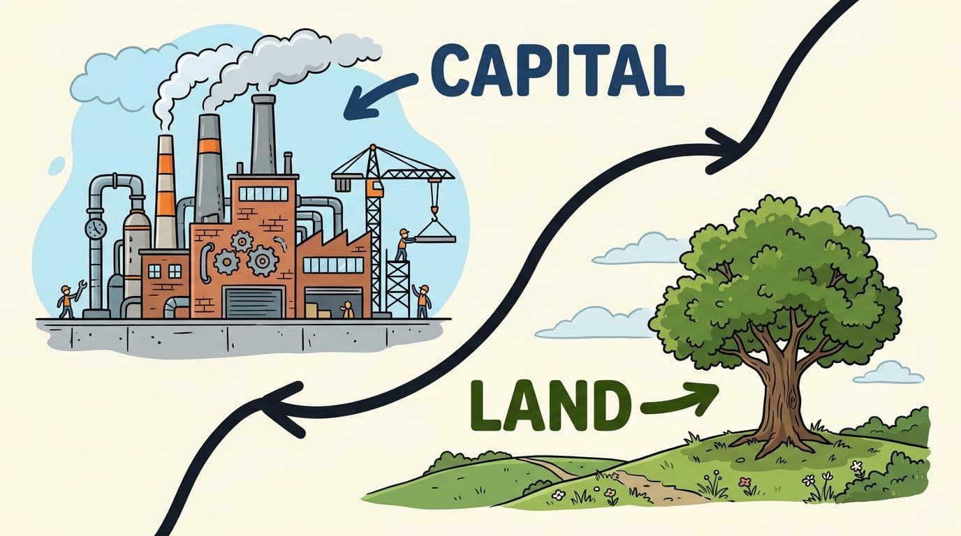 A conceptual illustration depicting a circular flow between a manufacturing factory representing capital and a green landscape representing land.