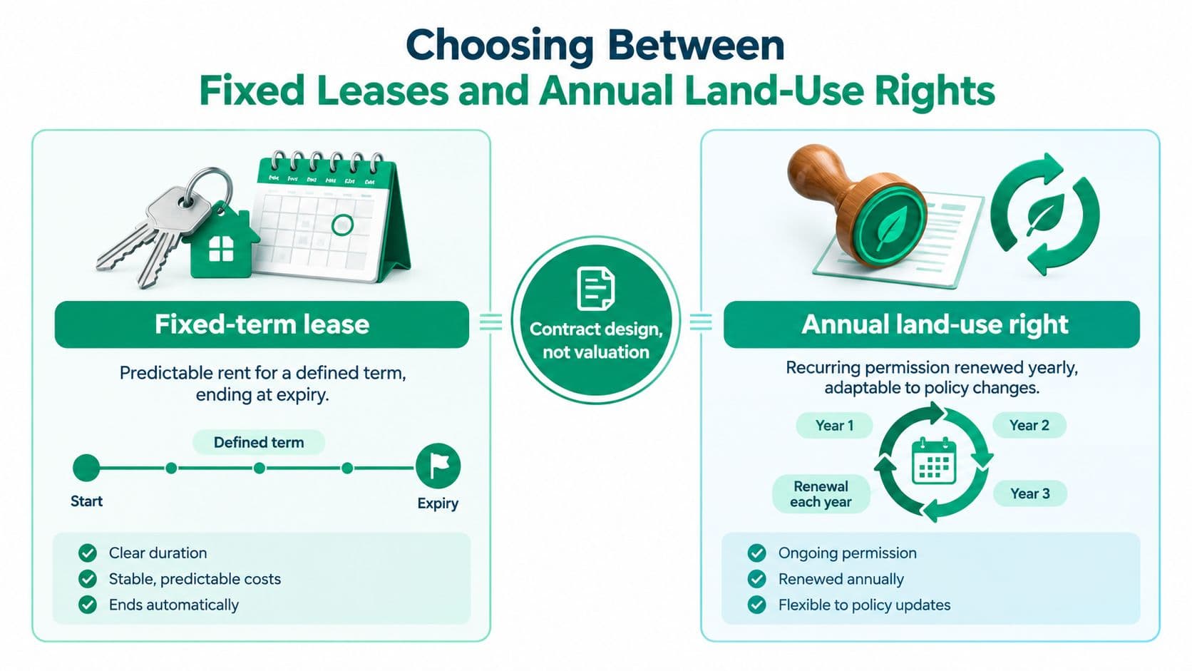 A comparison infographic between fixed-term leases and annual land-use rights, illustrating contract differences for property management.