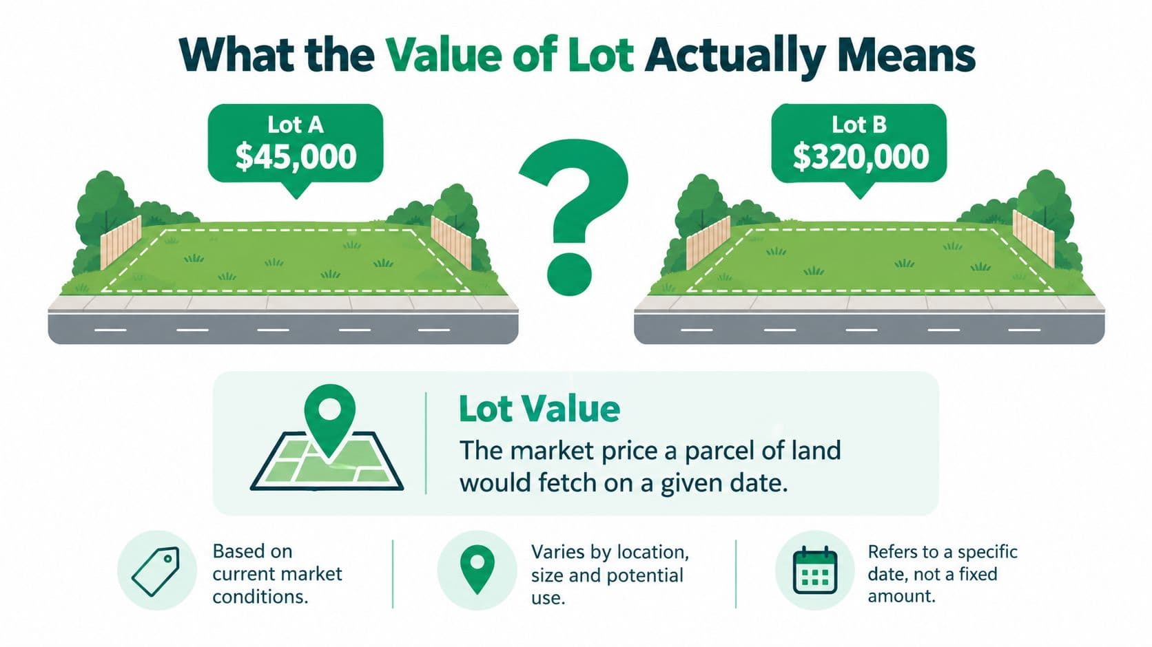 An infographic showing two land lots with different values and the definition of lot value.