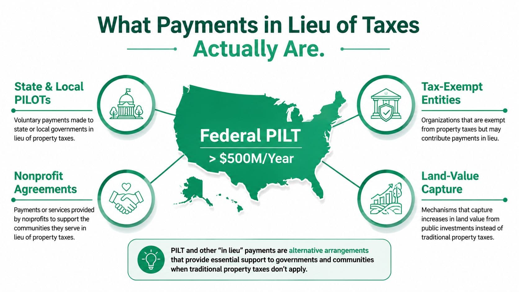 An infographic explaining Payments in Lieu of Taxes, featuring a map of the United States and four key examples.