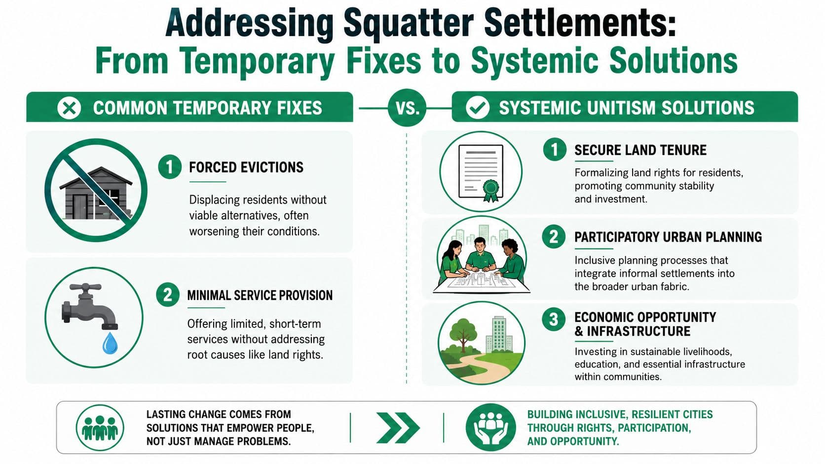 A comparative infographic illustrating the differences between ineffective temporary fixes and sustainable systemic solutions for squatter settlements.