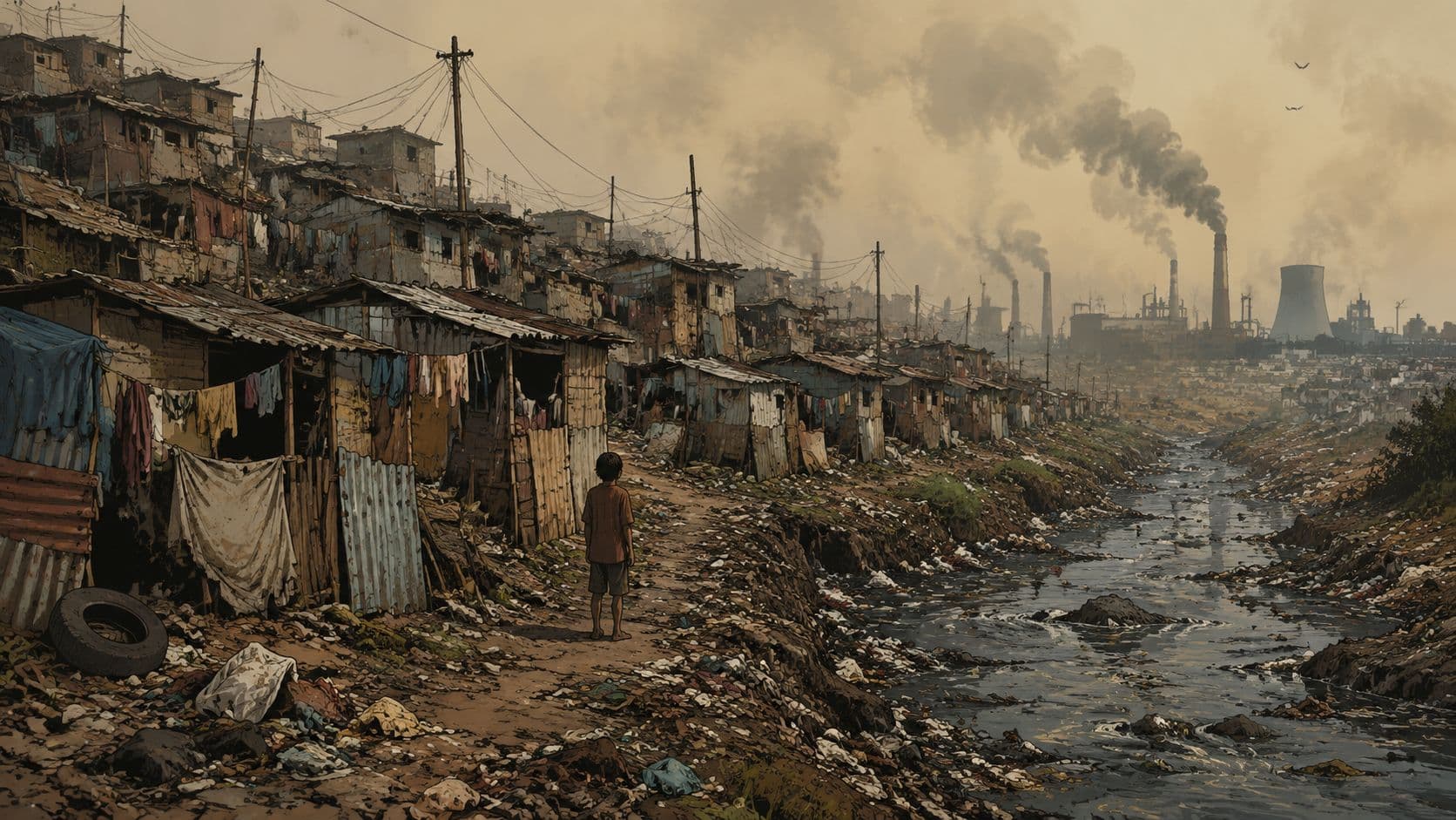 A young boy stands alone on a dirt path overlooking a polluted river and impoverished squatter settlement.