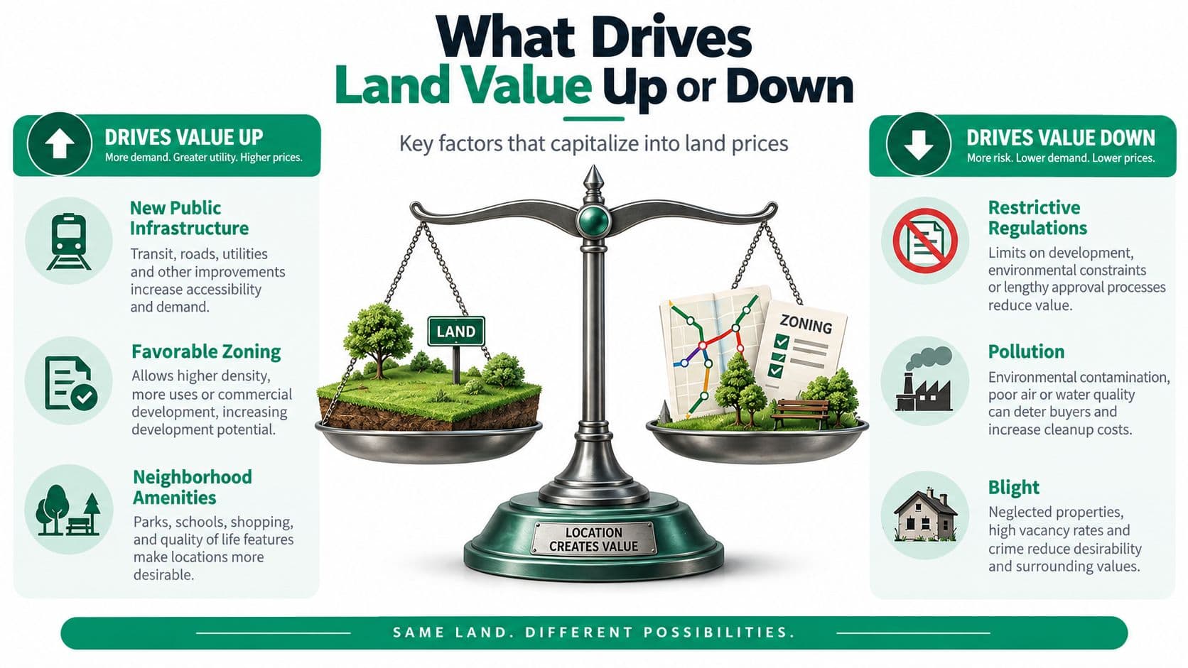 An infographic showing factors that influence land value including infrastructure, zoning, amenities, regulations, pollution, and blight.