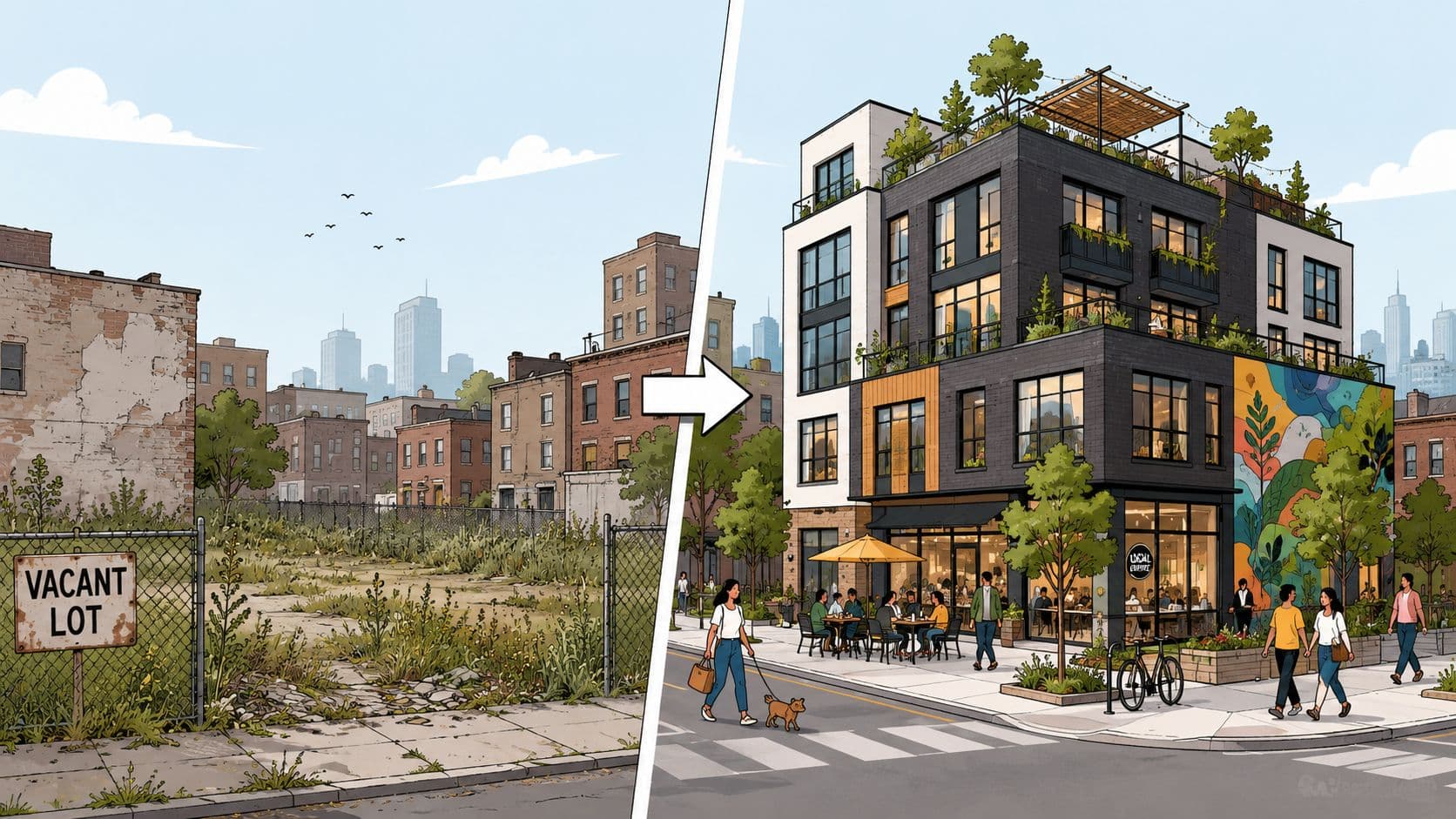 A split-screen illustration comparing a vacant lot to a modern mixed-use building development in an urban setting.