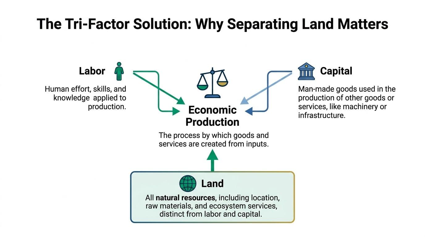 A diagram illustrating the three factors of economic production: labor, capital, and land, showing their roles.