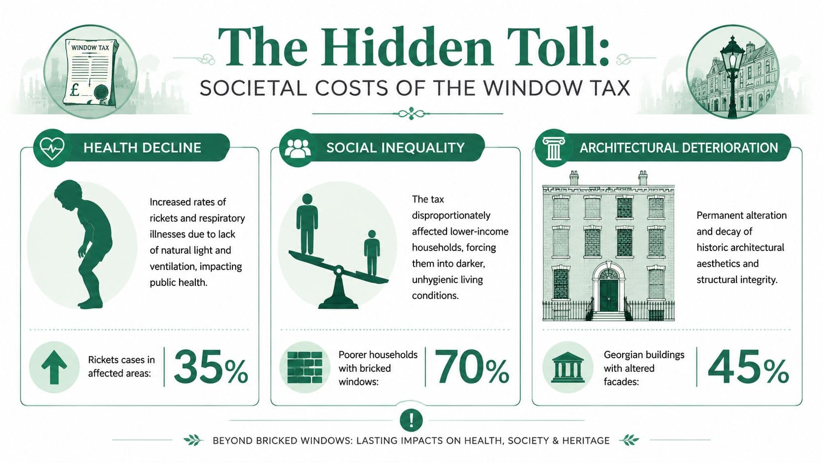 An infographic detailing the societal costs of the window tax in England, including health, inequality, and architecture.