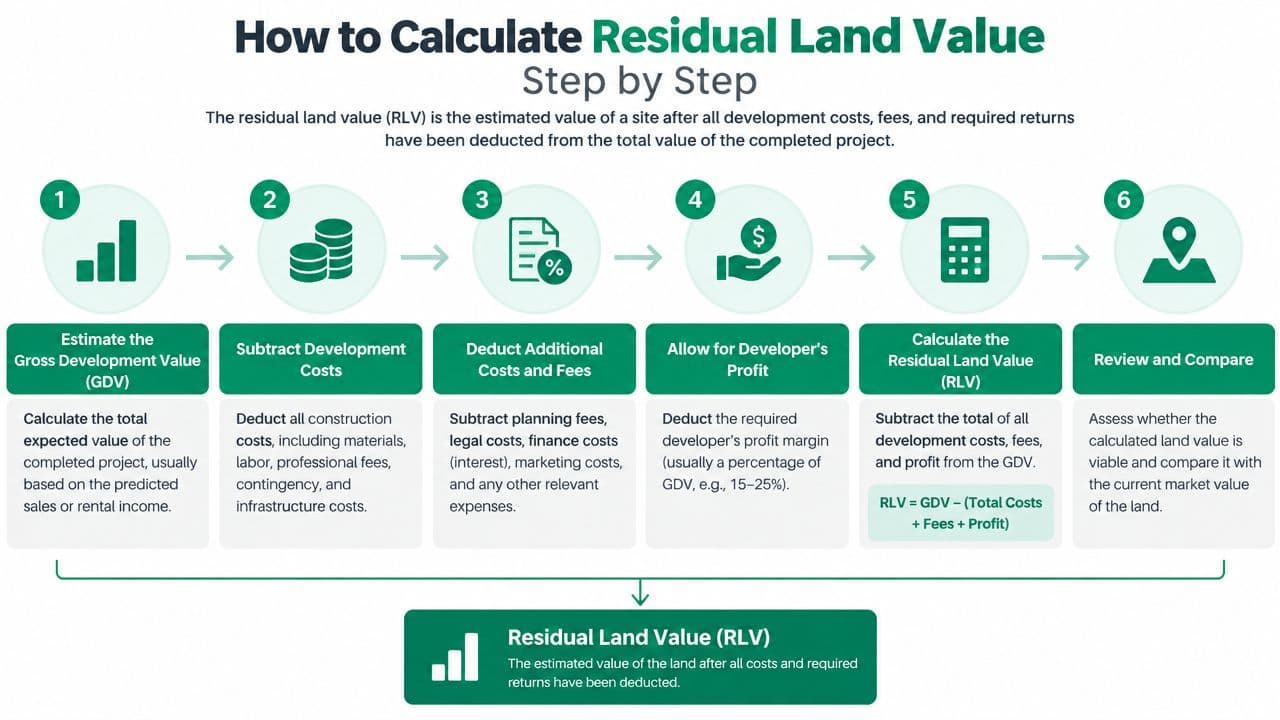 A six-step infographic illustrating the process of calculating residual land value for real estate development projects.