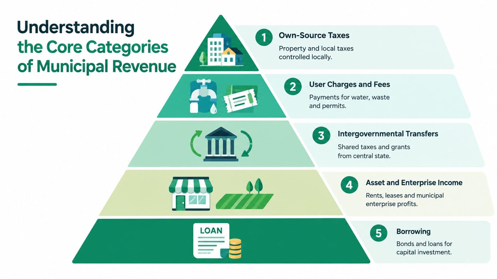 A pyramid chart illustrating the five core categories of municipal revenue, including taxes, fees, transfers, assets, and loans.
