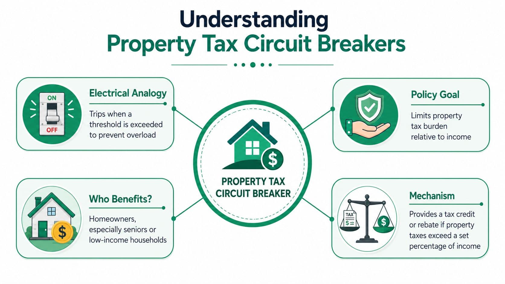 An infographic explaining the concept of a property tax circuit breaker using four key components.