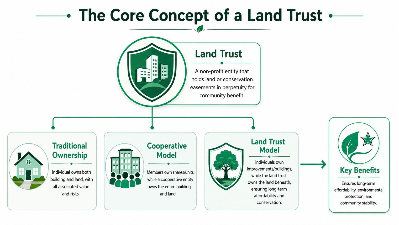 An infographic showing the core concept of a land trust compared to traditional ownership and cooperative models.