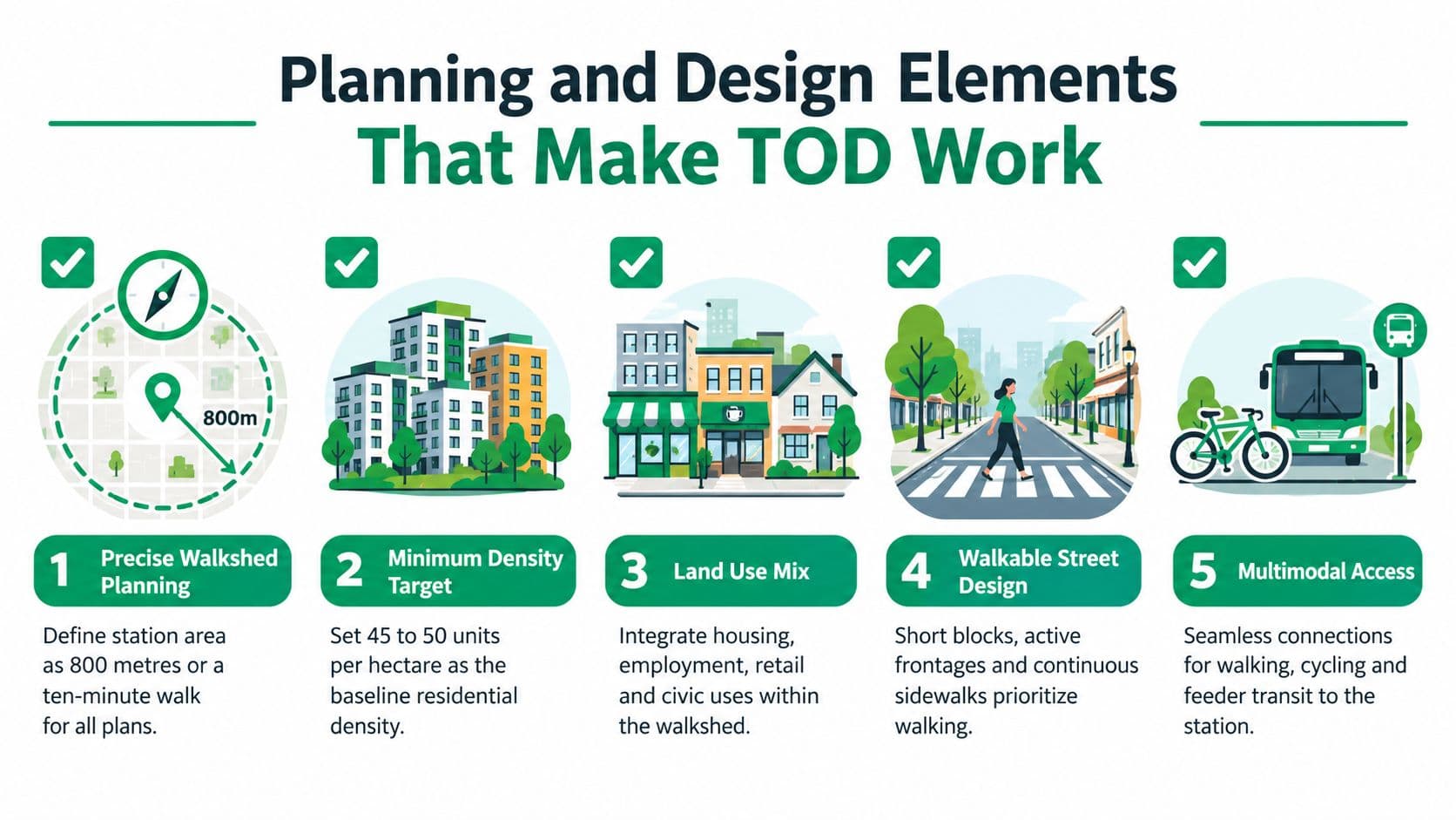 An infographic illustrating five essential planning and design elements for effective transit oriented development (TOD) projects.