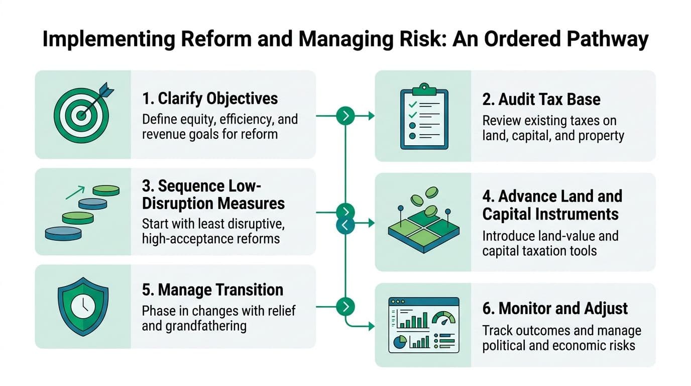 A six-step infographic titled Implementing Reform and Managing Risk, illustrating a structured pathway for economic policy.