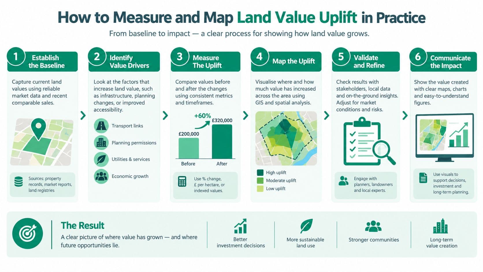 A six-step infographic process for measuring and mapping land value uplift from baseline to final impact.
