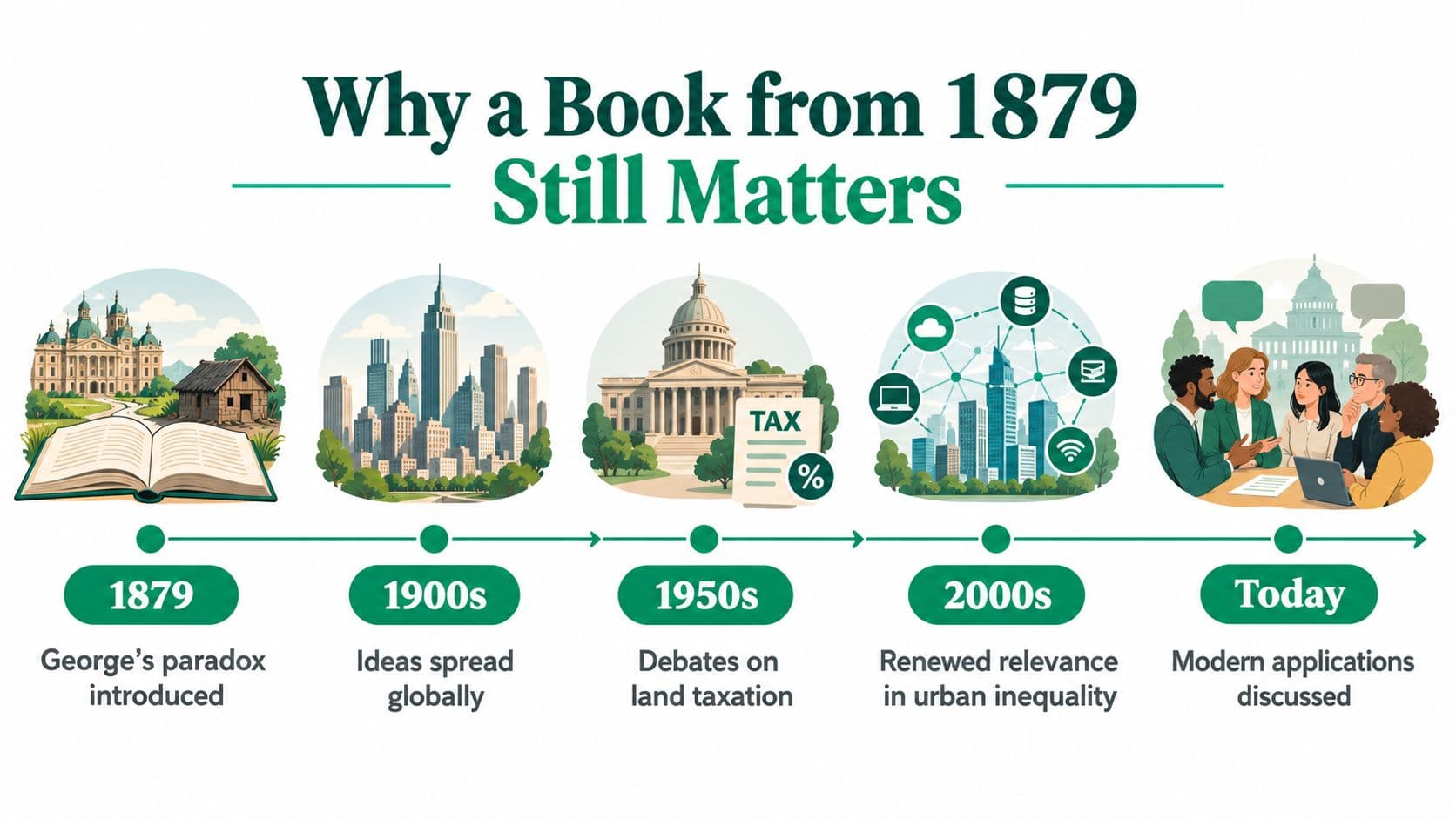 A timeline infographic titled Why a Book from 1879 Still Matters, illustrating the historical impact of Henry George's ideas.