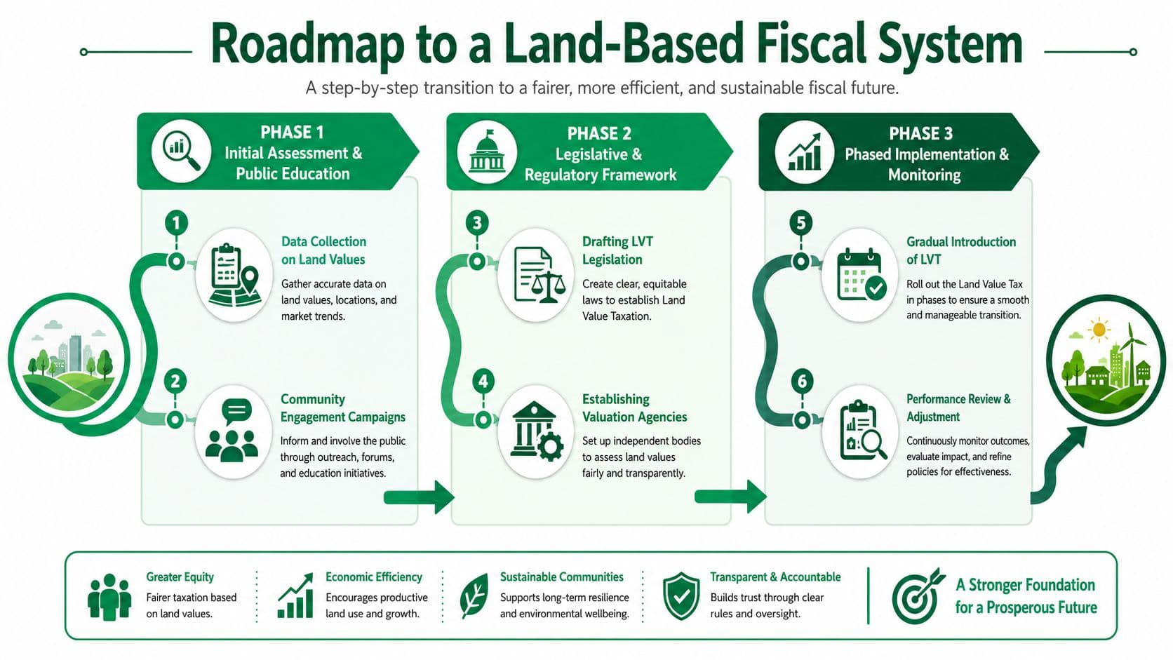 An infographic showing a three-phase roadmap for transitioning to a land-based fiscal system and taxation.