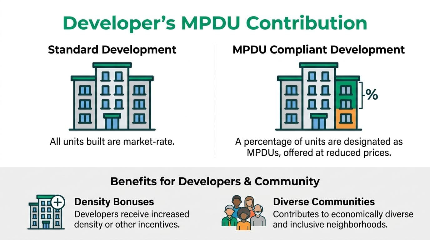 An infographic illustrating how developers contribute to Montgomery County moderately priced dwelling unit (MPDU) affordable housing programs.