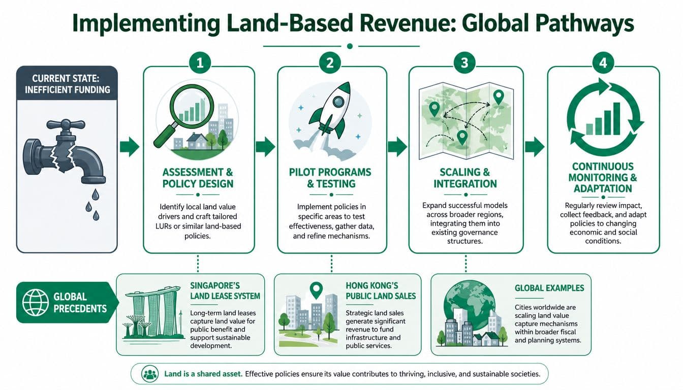 A four-step infographic showing global pathways for implementing land-based revenue and infrastructure funding models.