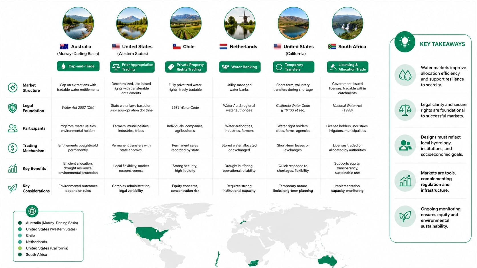 A comparative chart showing different water market structures, legal foundations, and trading mechanisms across six global regions.