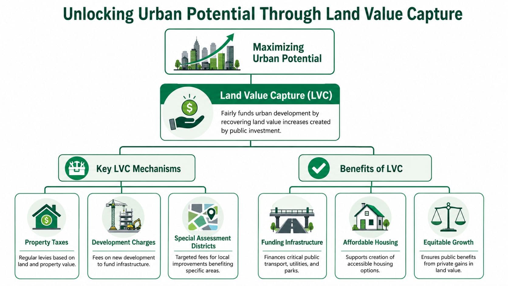 A diagram illustrating the concepts, mechanisms, and benefits of land value capture for urban development.
